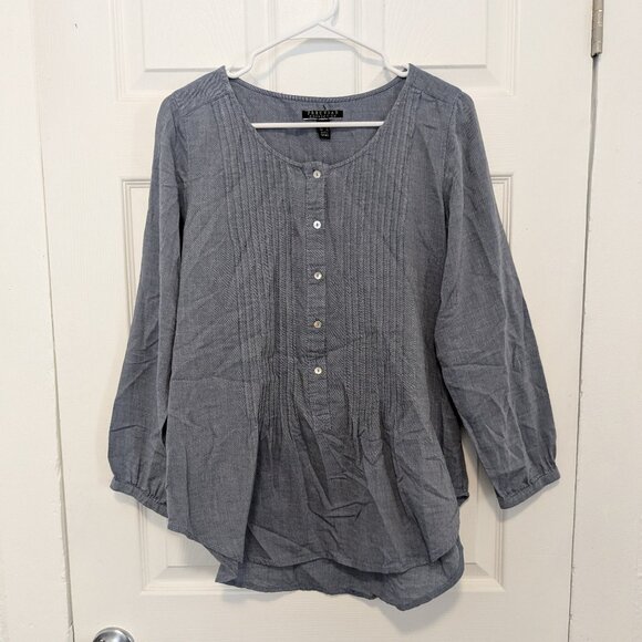 Peruvian Connection 100% Cotton Pleated Peasant Blouse Size 6 Blue Button - Picture 1 of 10